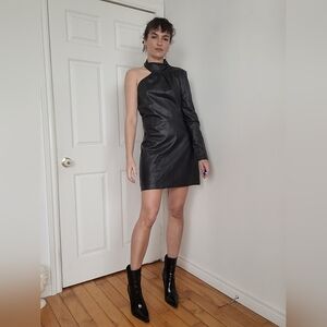 Elegant Black One-Shoulder Leather Dress